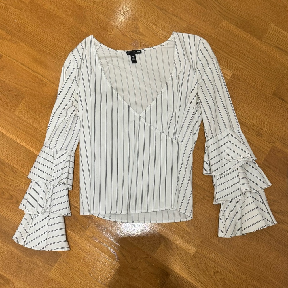 Aqua white stripe blouse with ruffle sleeves